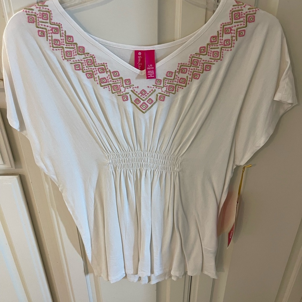 Lilly Pulitzer White Blouse with Pink Embroidery
